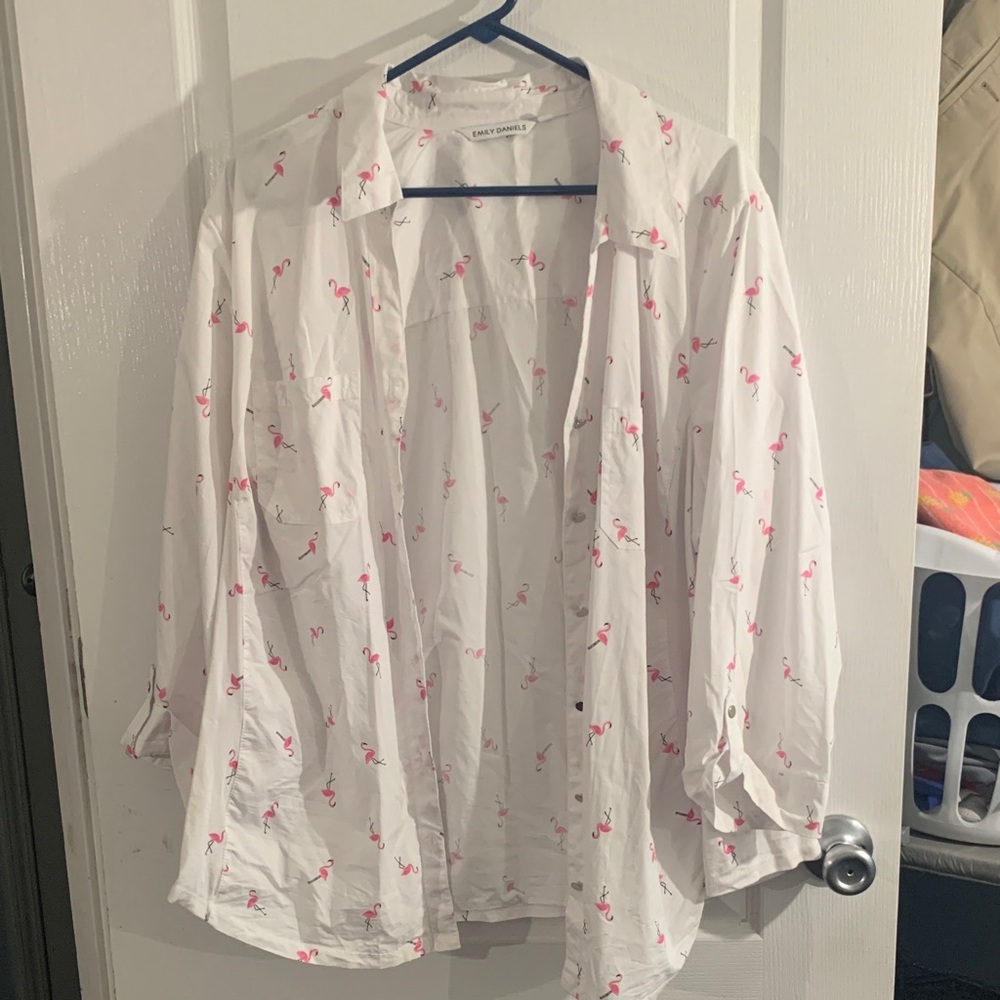 Women's White Button-Down Shirt with Pink Flamingo Print